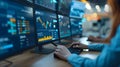 Modern Office with Financial Analyst Utilizing AI-Enhanced Financial Analysis on Multiple Monitors for Market Predictions
