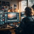 Financial analyst working late in a modern office overlooking a cityscape at night, multiple trading screens displaying data, Royalty Free Stock Photo