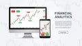 Financial analytics graph on desktop and smartphone vector banner