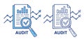Financial audit control, auditor statistic review, finance accounting analysis. Business document with chart under magnifier icon