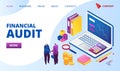 Financial audit landing web page vector illustration. Magnifying glass, analysis of financial report. Finances and