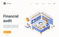 Financial audit technology isometric landing page, finance planning of account budget