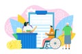 Financial benefits with document form, vector illustration. Disability people protection, pension for retirement. Man at