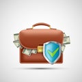 Financial briefcase with paper currency dollars and security shield