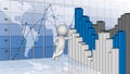 Financial and business chart and graphs - Business background with earth map and trend lines on the wall and 3D people