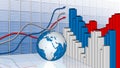 Financial and business chart and graphs - Business background with globe and trend lines on blue calculation projection