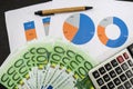 Financial and business chart and graphs, Euro money banknotes.Calculator and pen. View from above. Royalty Free Stock Photo