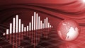 Financial and business chart and graphs with reflections on the floor - Business background in red colour with globe and waves Royalty Free Stock Photo