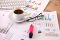 Financial and business color charts and graphs on the table Royalty Free Stock Photo