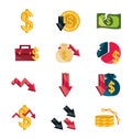 Financial business crisis economy money stock market crash icons set isolated icon