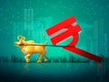 Financial business growth success concept, Golden bull dragging Indian rupee symbol, 3D rendering abstract background