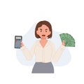 Financial calculations, accounting concept. woman holding calculator and money note in hands. Vector illustration Royalty Free Stock Photo