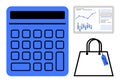 Financial Calculator, Shopping Bag, and Analytics Chart Highlighting Business and Retail Strategy