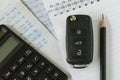 financial car installment concept as car key, calculator, pencil