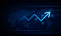 Financial chart with moving up arrow graph and world map in stock market on blue color background concept innovation background,