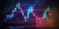 Financial chart with stock market or forex data plotted on candlestick graph. Finance and investment concept. Generative AI