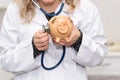 Financial check up. Doctor holding piggy bank checking with stethoscope