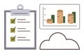 Financial checklist, cloud storage, and bar chart with stacked coins highlighting digital analytics Royalty Free Stock Photo