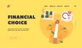 Financial Choice Landing Page Template. Young Thoughtful Woman Character Choose between Saving Money