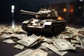 Financial clash tank against the backdrop of dollars, war concept