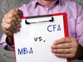 Financial concept about Chartered Financial Analyst CFA vs. MBA Master of Business Administration with phrase on the piece of