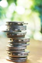 Financial concept, different coins stack with blur background