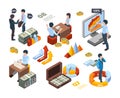 Financial concept isometric. Businessman money holding consulting graph company people vector concept