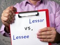 Financial concept meaning Lessor vs. Lessee with inscription on the piece of paper