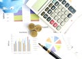 Financial concept with money coins and business fountain pen and calculator and eyeglasses with document chart on desk office Royalty Free Stock Photo