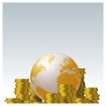 Financial concept with piles of coin and golden world globe background Royalty Free Stock Photo