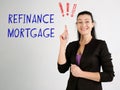 Financial concept about REFINANCE MORTGAGE exclamation marks with phrase on the gray wall