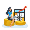 Financial consultant with laptop on a stack of coins, virtual business assistant, successful investor, return on investment