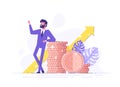 Financial consultant leaning on a stack of coins smiles friendly and waves with hand. Successful investor or entrepreneur.