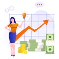 Financial consultation. Statistics for increasing income. Pile cash with red rising graph with upward arrow. Business Royalty Free Stock Photo