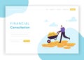 Financial Consultation Strategy Landing Page Template. Flat Businessman Character Saving Money with Cart Banner Website Royalty Free Stock Photo