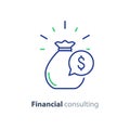 Financial consulting, investment advice service, money bag line icon