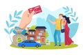Financial credit for shopping, vector illustration. Man woman character use banking card for finance deposit and