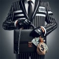 A financial criminal in a black suit with white stripes holds a briefcase and a bag of money earned from a shady business. Royalty Free Stock Photo