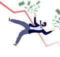 Financial crisis concept. Businessman falling down with financial chart and losing money. Bankruptcy and recession