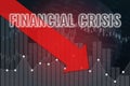 Financial crisis, fall of price on stock market on dark and red financial background with red arrow. Trend up and down. 3D