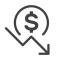 Financial crisis icon. Dollar coin with down arrow pictogram. Isolated, lined vector clipart of decreasing market stock.