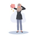 Financial Crisis and Poverty Concept. Broke Muslim Woman with Empty Piggy Bank