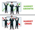financial crisis, stock market crash, disappointed businessmen. market growth, happy investor standing near green growth
