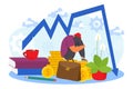 Financial crisis, vector illustration. Sad businessman character sit near business finance failure graph, market economy Royalty Free Stock Photo