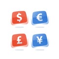 Financial currency rate and exchange, dollar sign, euro symbol, British pound, Japanese yen, red and blue icons