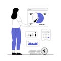 Financial data analysis, analytics, calculation concept. Woman analyzes graphs, charts, dashboard, counting money. Vector