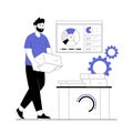 Financial data analysis, analytics concept. Working with data. A man with a stack of documents on the desk. Vector