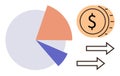 Financial data analysis with pie chart, currency icon, and directional arrows for business decision-making Royalty Free Stock Photo