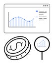 Financial data analytics with line graph, magnifying glass, and coin concept of monetary growth Royalty Free Stock Photo