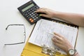 Financial data analyzing. Counting on calculator. Hand with pen Royalty Free Stock Photo